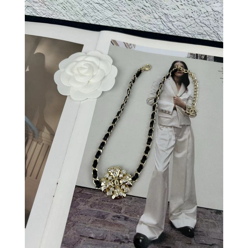 18K  Chanel Black Leather Flower Necklace