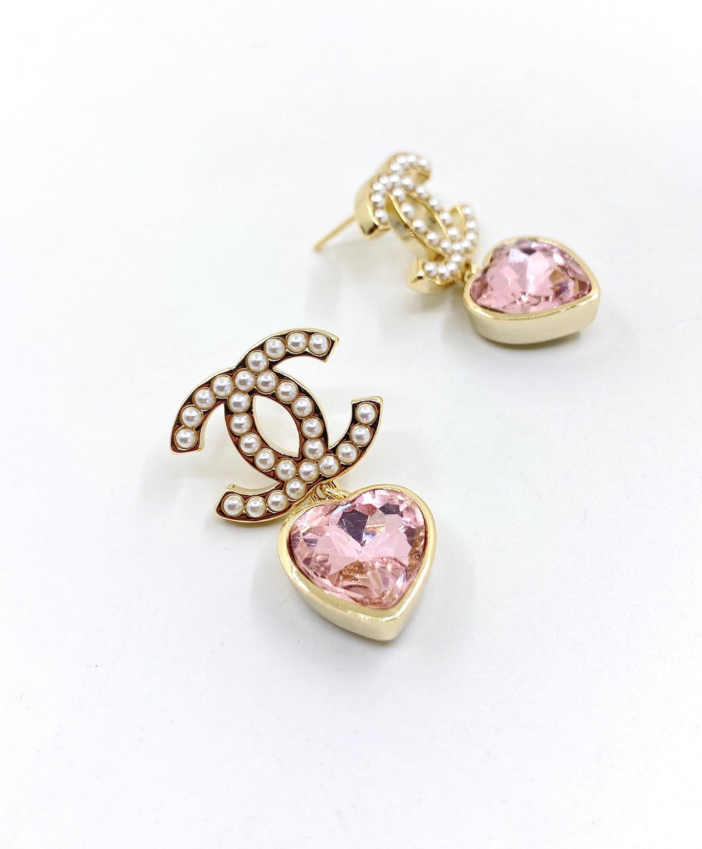 18K  Chanel Pink Heart Crystal Earrings