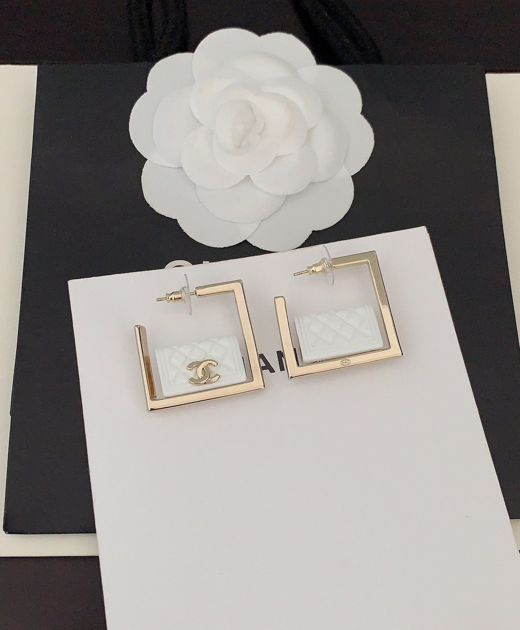 18K  Chanel White Bag Pendant Earrings