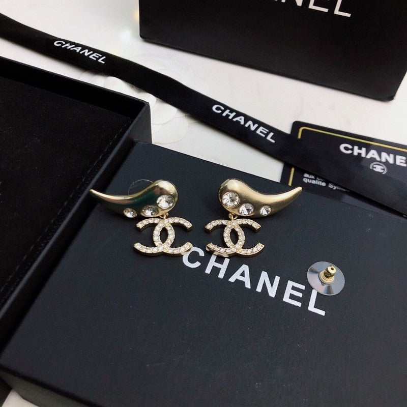 18K  Chanel Feather Diamond Gold Earrings