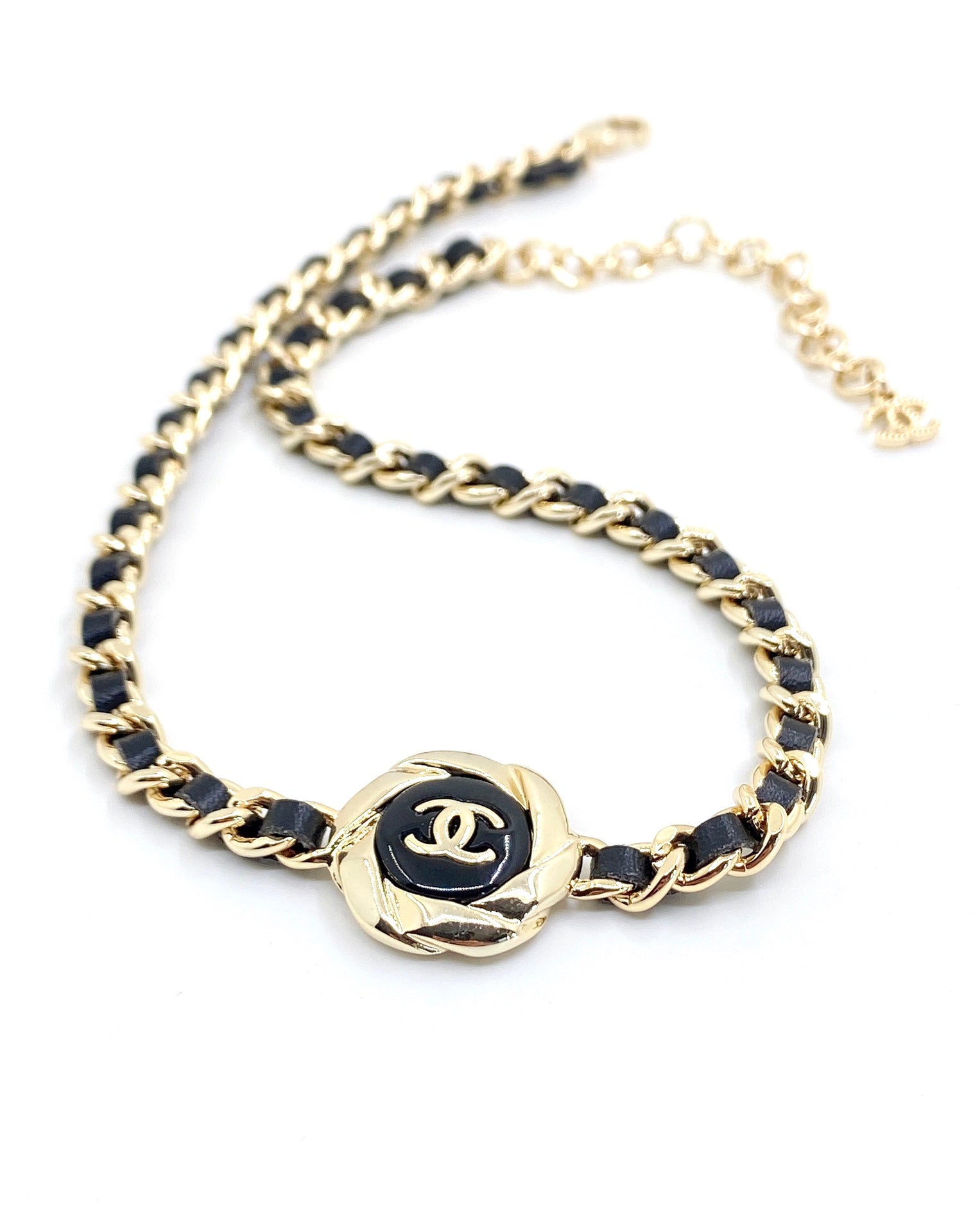 18K  Chanel Rhinestone Leather Choker Necklace