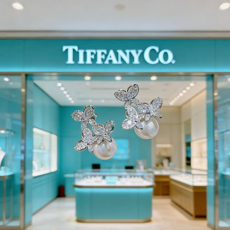 18K Tiffany Diamond Pearl Earrings