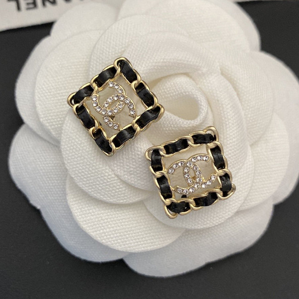 18K  Chanel Square Leather Earrings