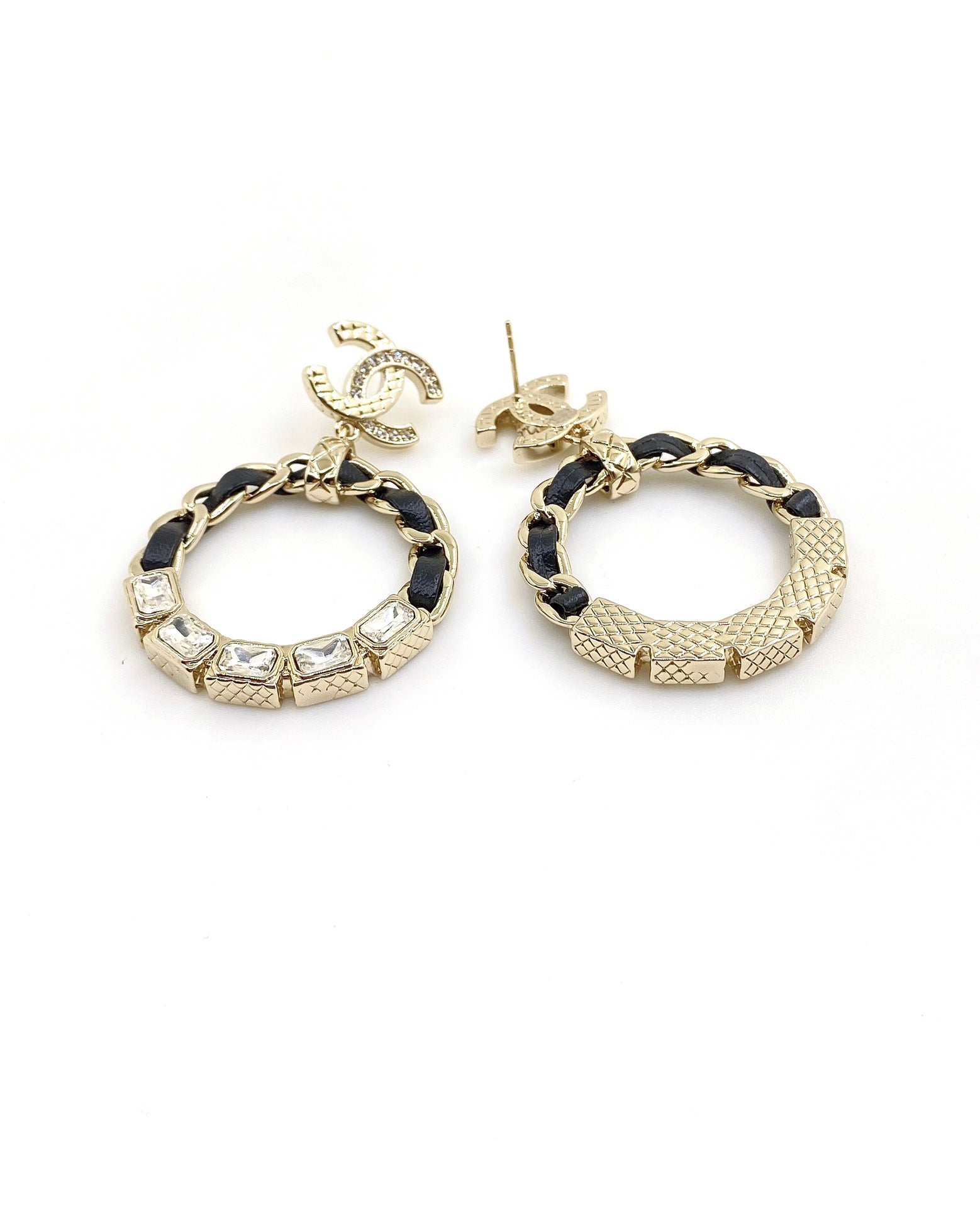 18K  Chanel Leather Cricle Earrings