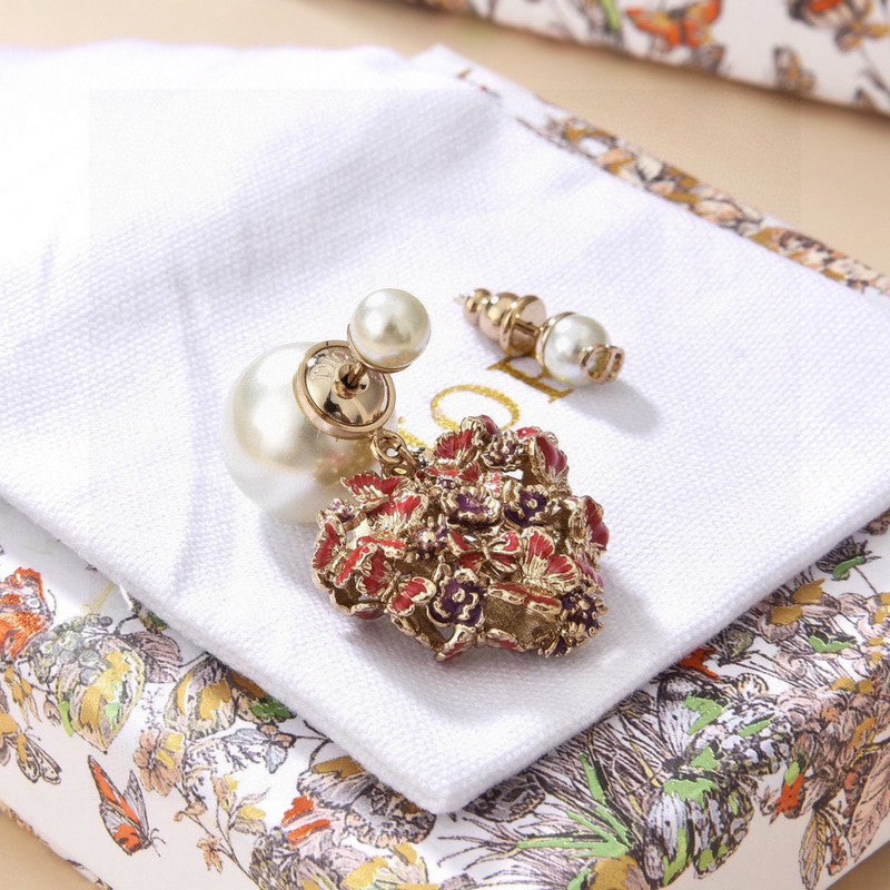 18K Dior Tribales Red Flower Heart Faux Pearl Earrings