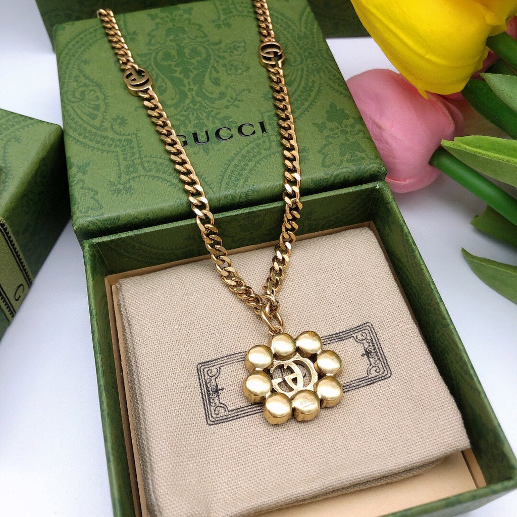 18K Double Gucci Flower Crystals Necklace
