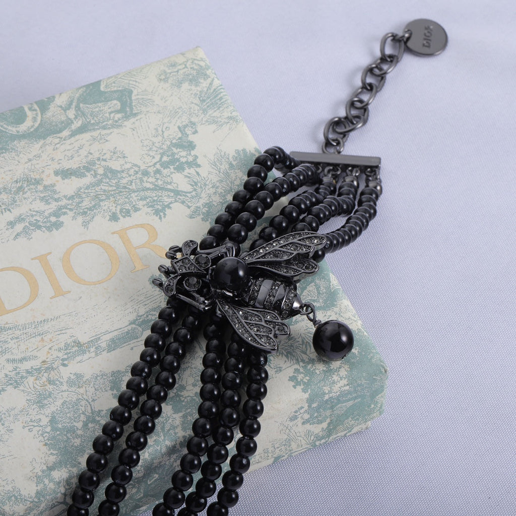18K Dior Bee Black Pearls Chain Necklace