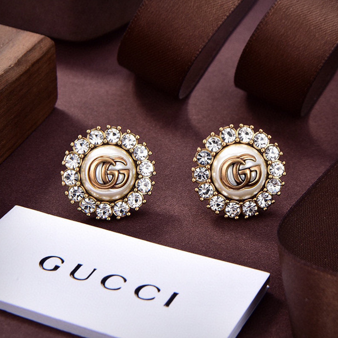 18K Double Gucci Flower Crystals Earrings