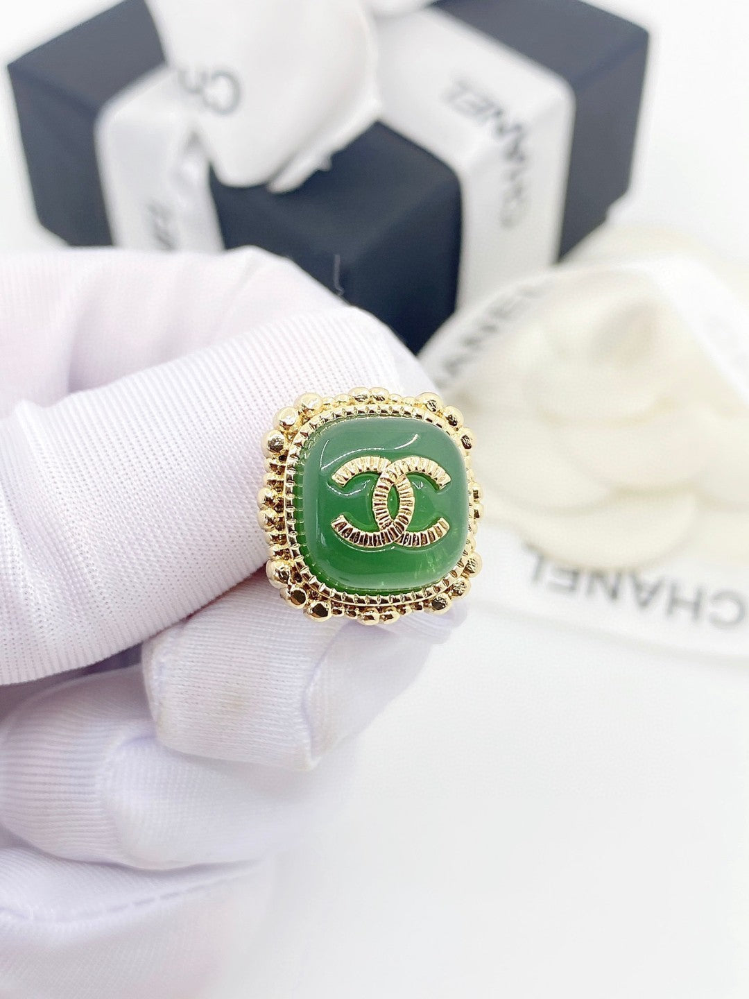 18K  Chanel Green Square Earrings