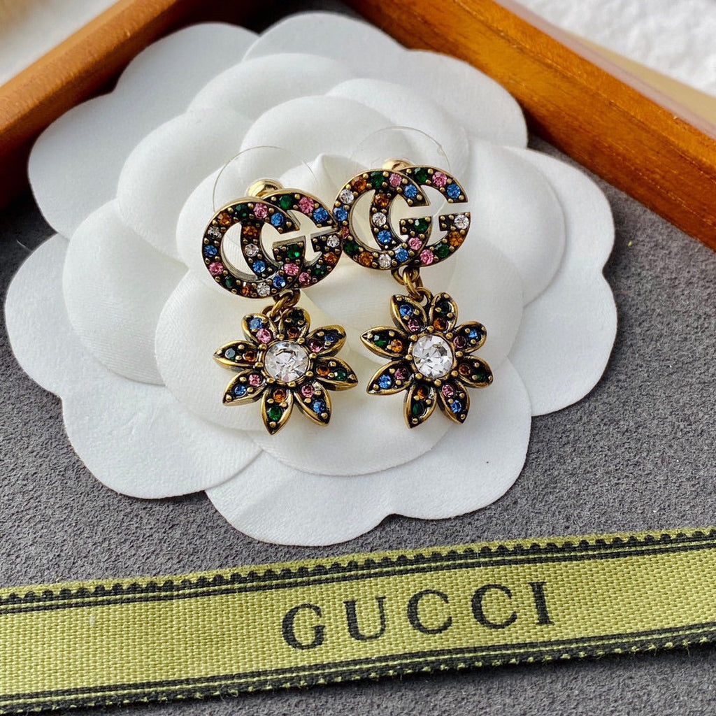 18K Double Gucci Flower Pendant Earrings