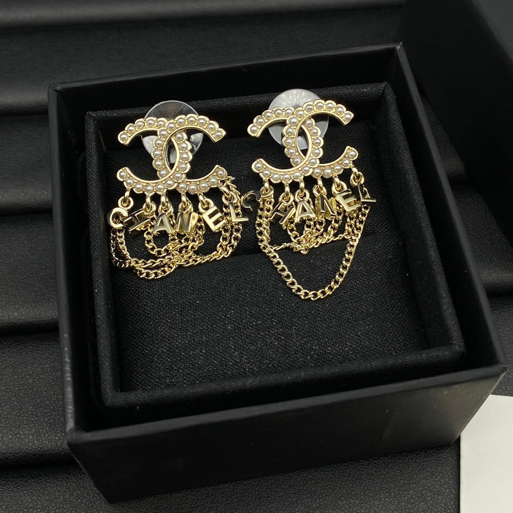 18K  Chanel Pearl Chain Link Earrings