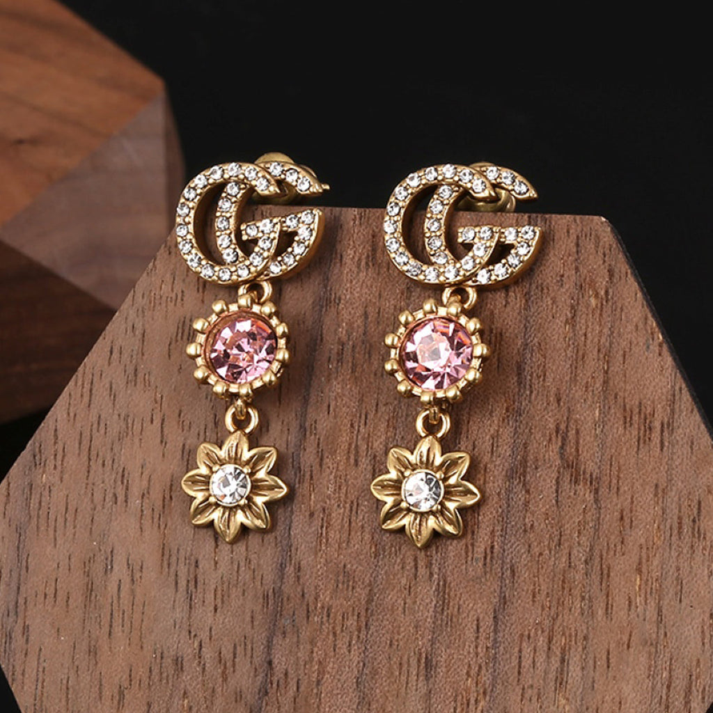 18K Double Gucci Flower Crystal Earrings