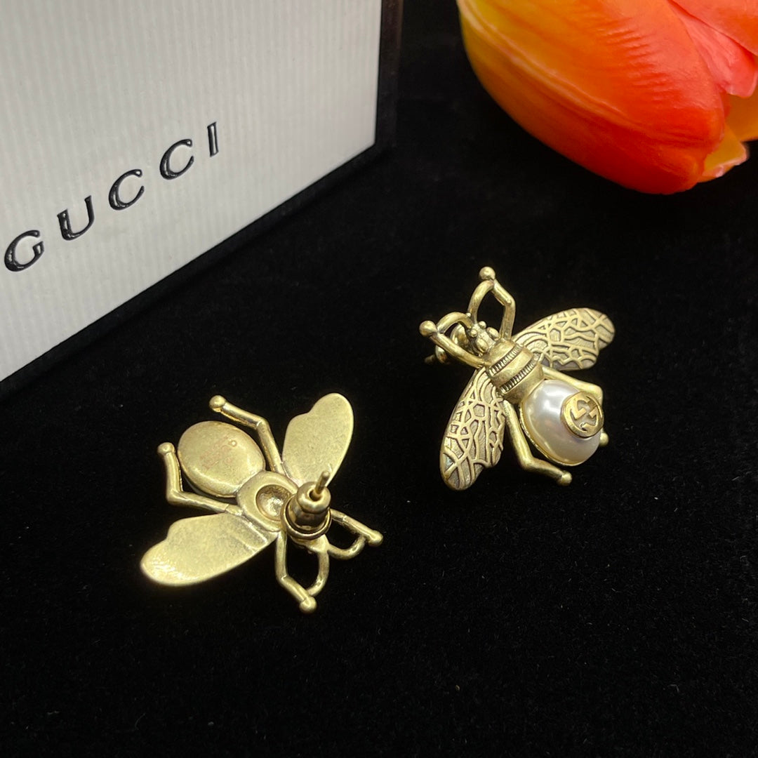 18K Double Gucci Bee Pearl Earrings