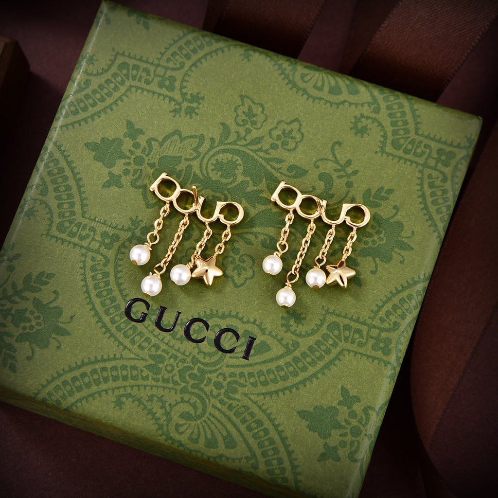 18K Double Gucci Script Pearl Earrings