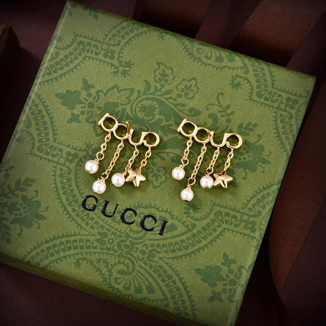 18K Double Gucci Script Pearl Earrings