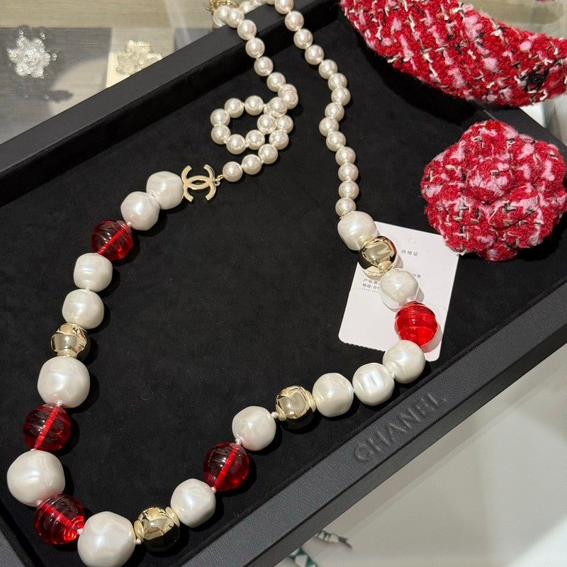 18K  Chanel Red Crystal Pearl Necklace