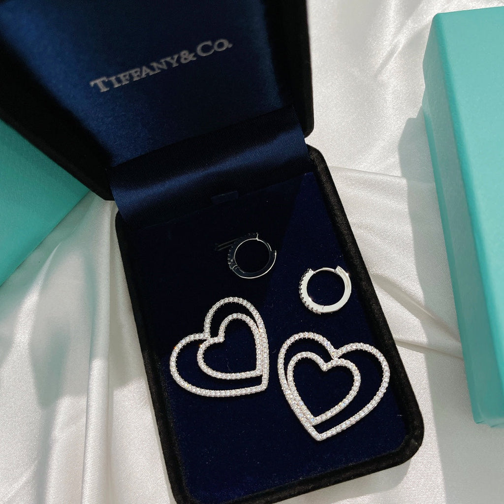 18K Tiffany Double Heart Diamond Earrings