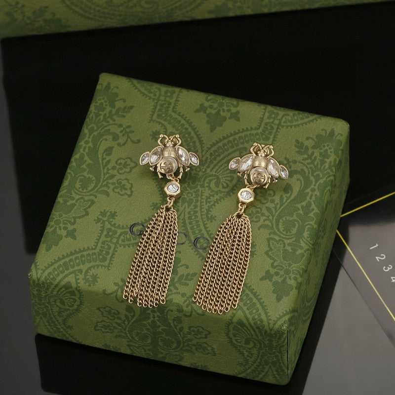 18K Double Gucci Bee Tassel Crystal Earrings