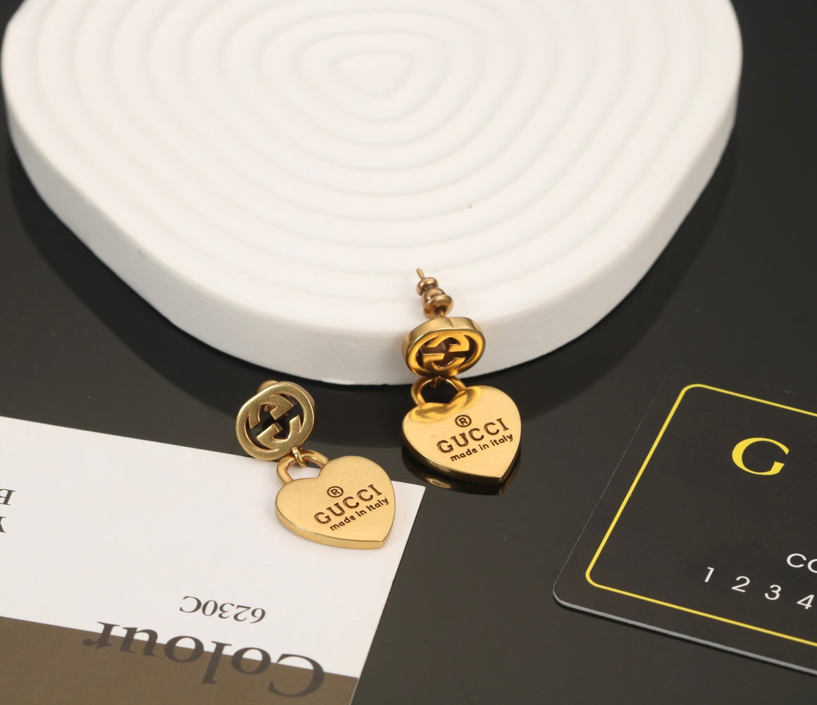 18K Double Gucci Heart Pendant Earrings