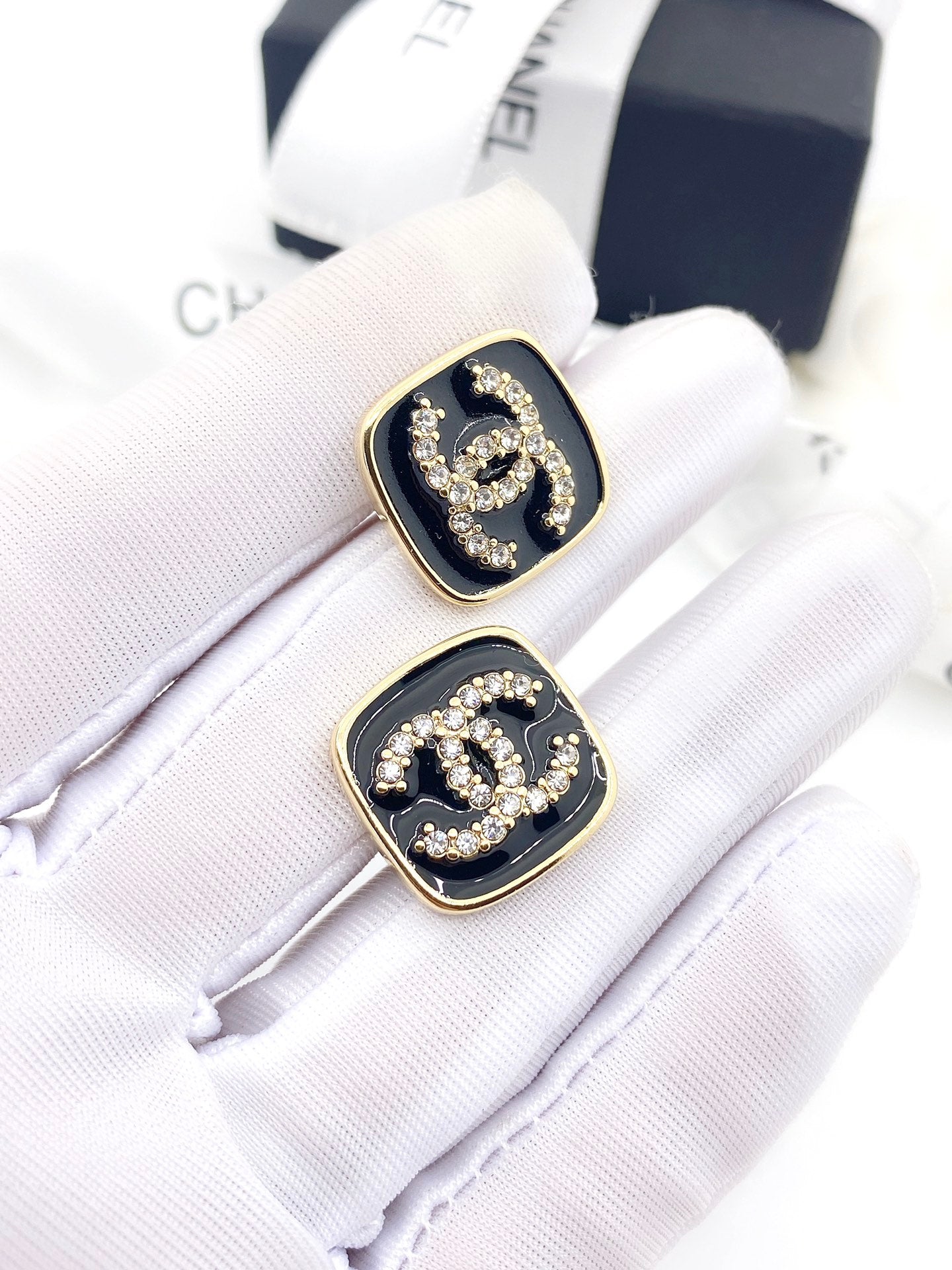 18K  Chanel Square Resin Diamond Earrings
