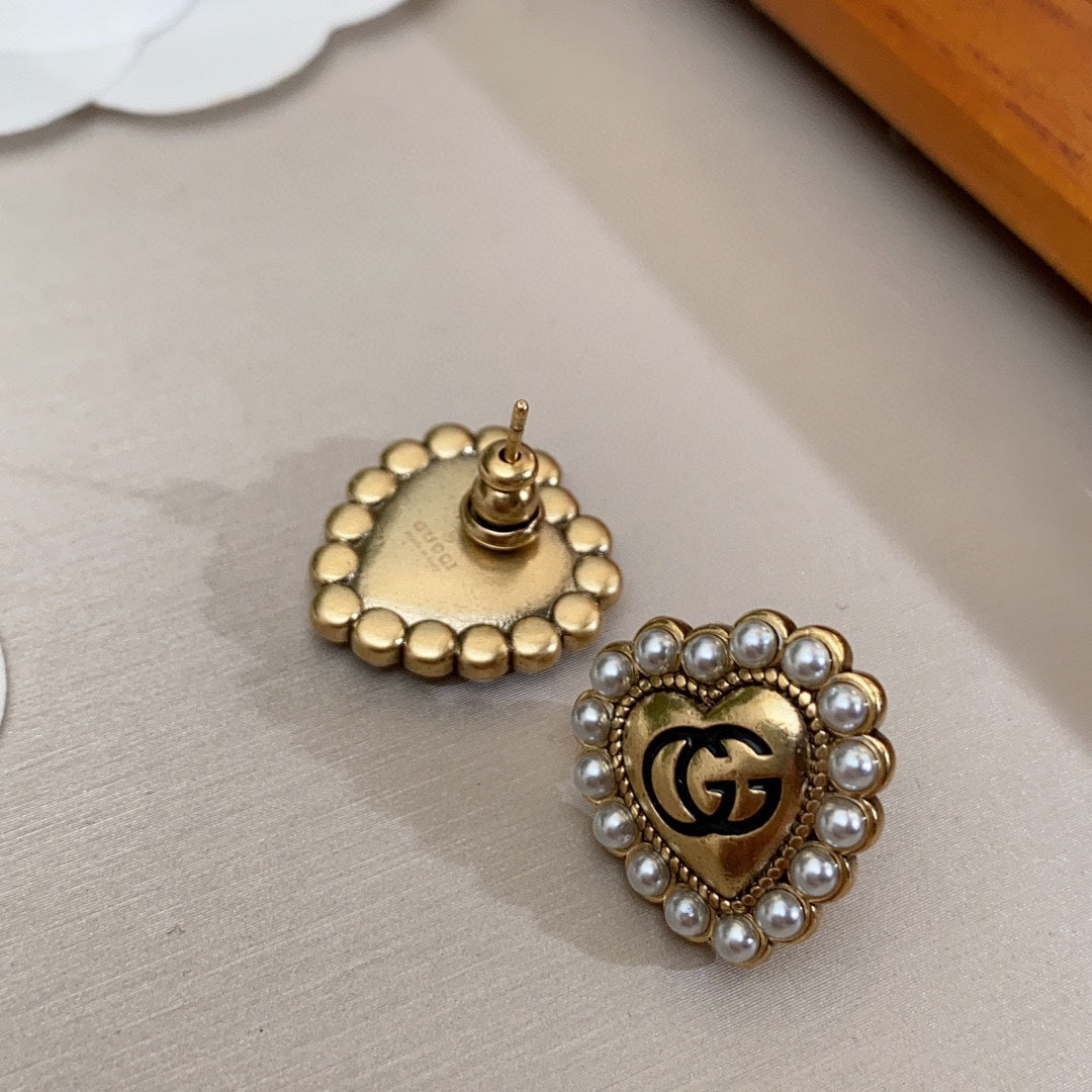 18K Double Gucci Heart Pearl Earrings