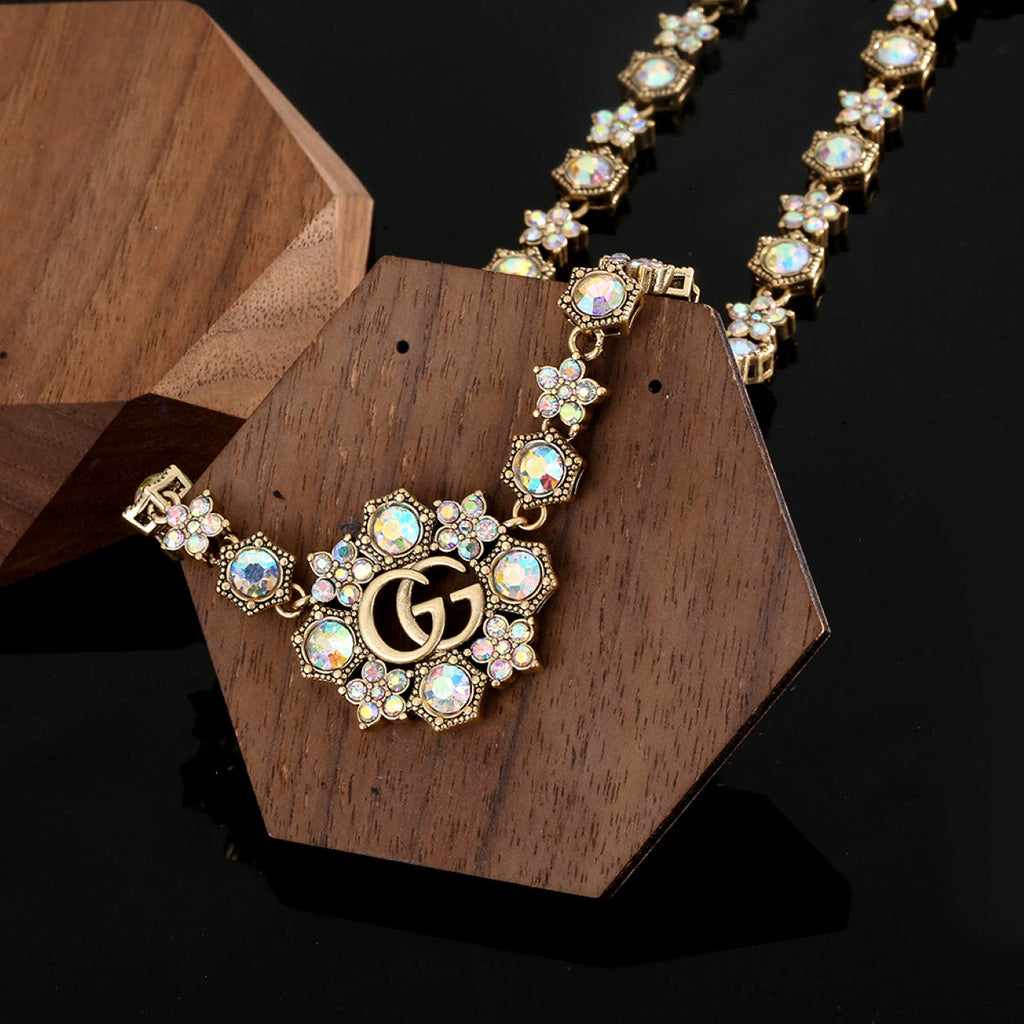 18K Double Gucci Crystals Chain Choker Necklace