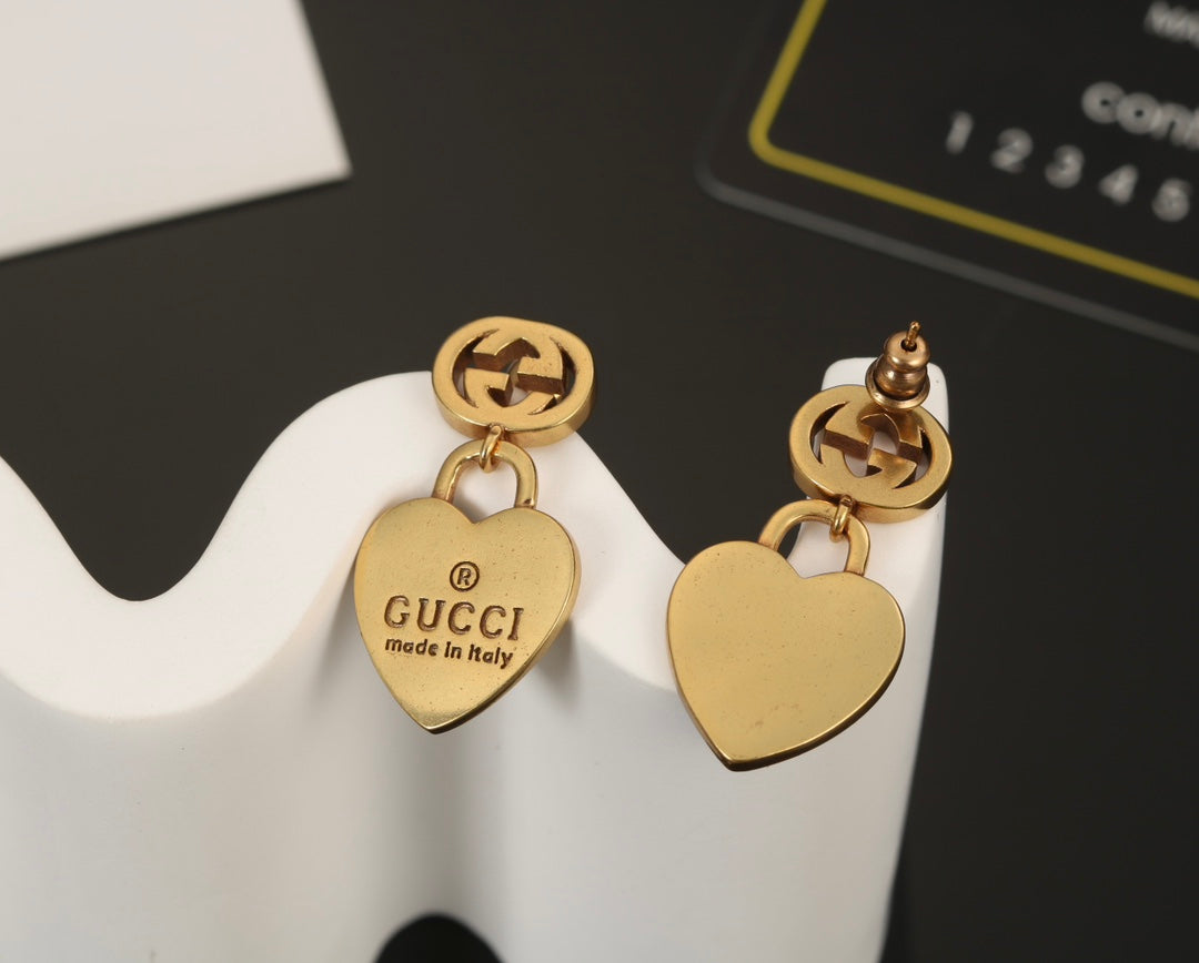 18K Double Gucci Heart Pendant Earrings