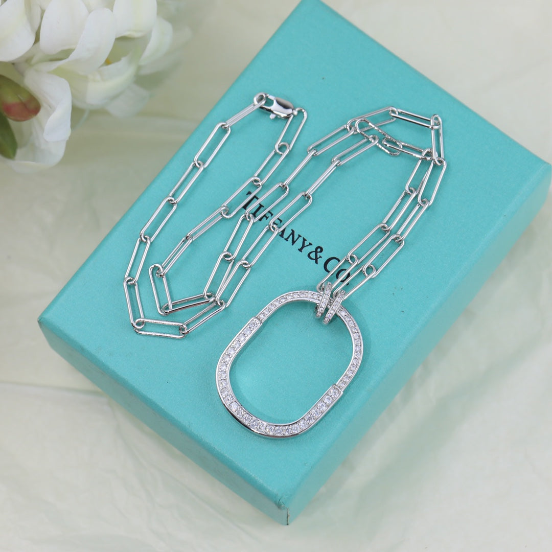 18K Tiffany Lock Pendant Pave Diamonds Necklace