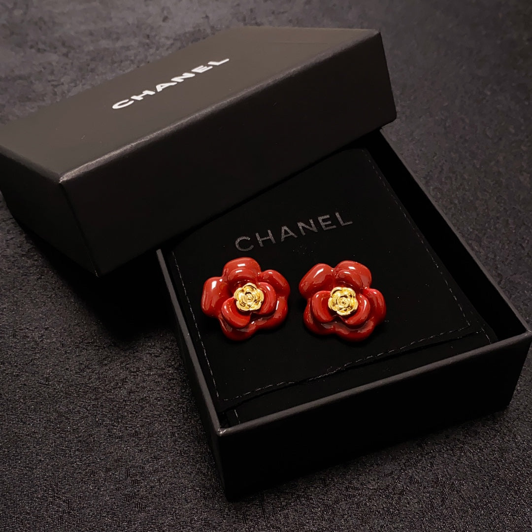18K  Chanel Red Camellia Resin Earrings