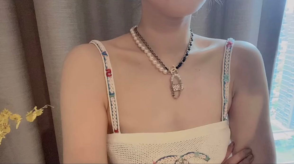 18K  Chanel Pearl Leather Bag Pendant Necklace