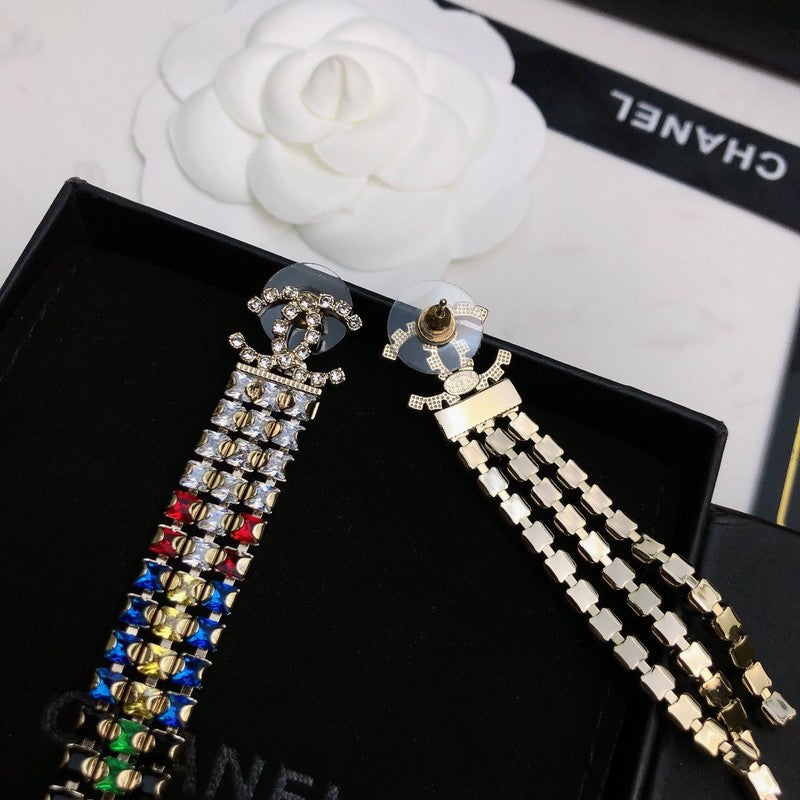 18K  Chanel Long Tassel Color Crystal Earrings
