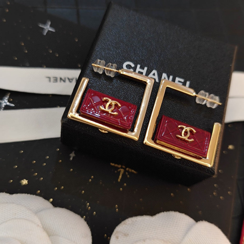 18K  Chanel Red Bag Hoop Earrings