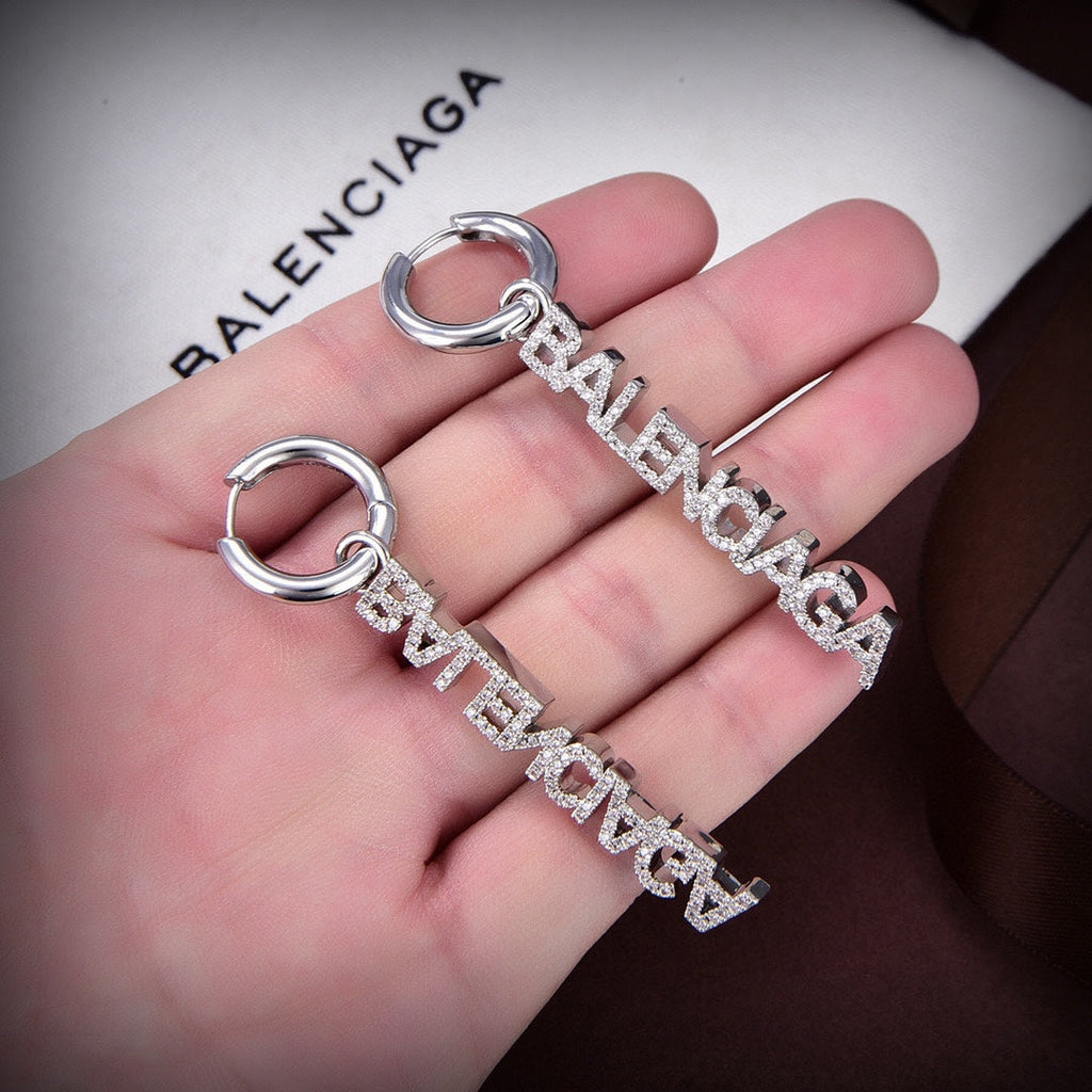 18K Balenciaga Typo Mirror Hoop Crystals Earrings