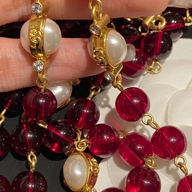 18K  Chanel Long Red & White Pearls Necklace