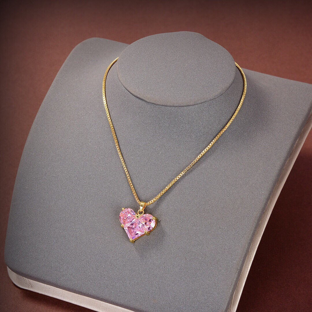 18K Celine Pink Heart Crystal Necklace