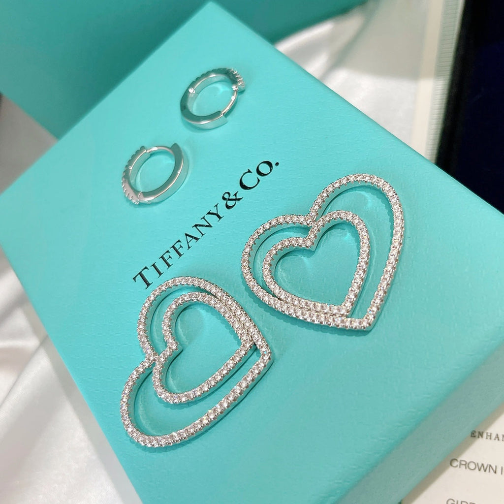 18K Tiffany Double Heart Diamond Earrings