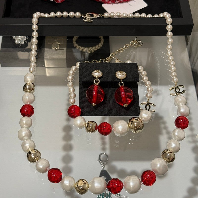 18K  Chanel Red Crystal Pearl Necklace