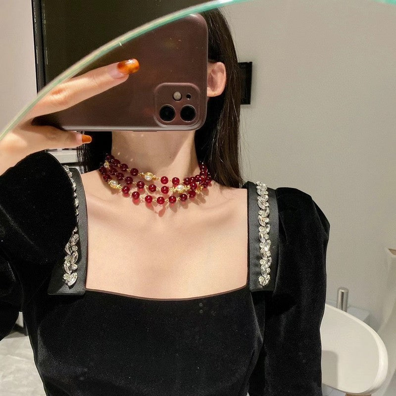18K  Chanel Long Red & White Pearls Necklace