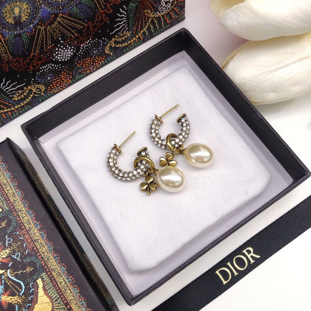 18K Dior March Grass Pearl Crystals Earrings
