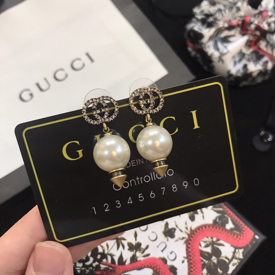 18K Double Gucci Pearl Pendant Earrings