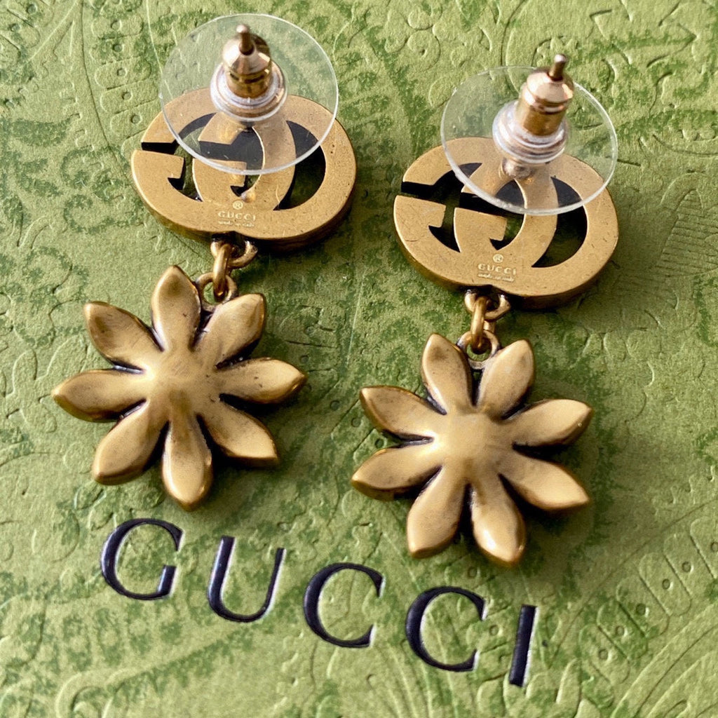 18K Double Gucci Flower Pendant Earrings