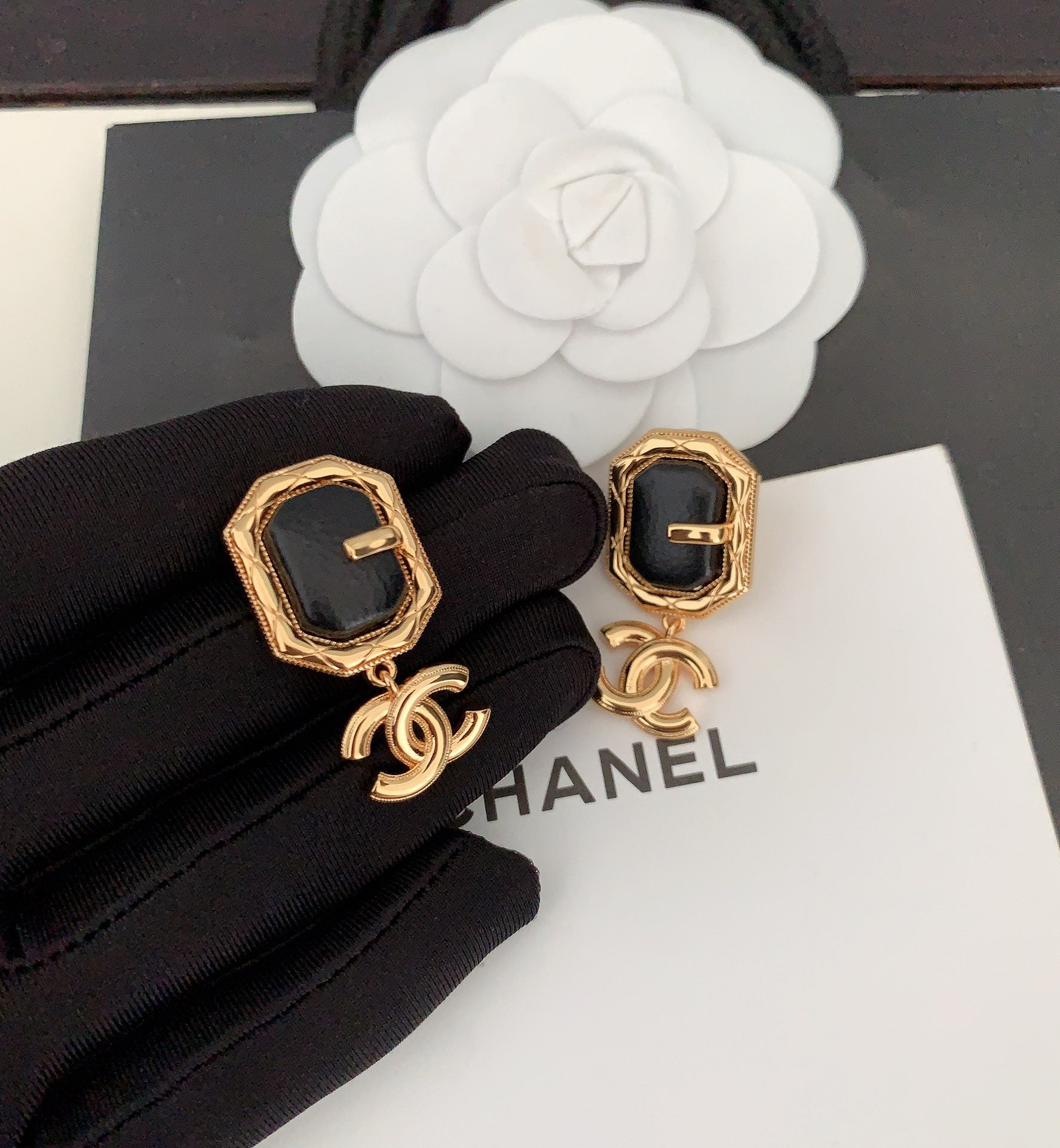 18K  Chanel Pendant Leather Earrings