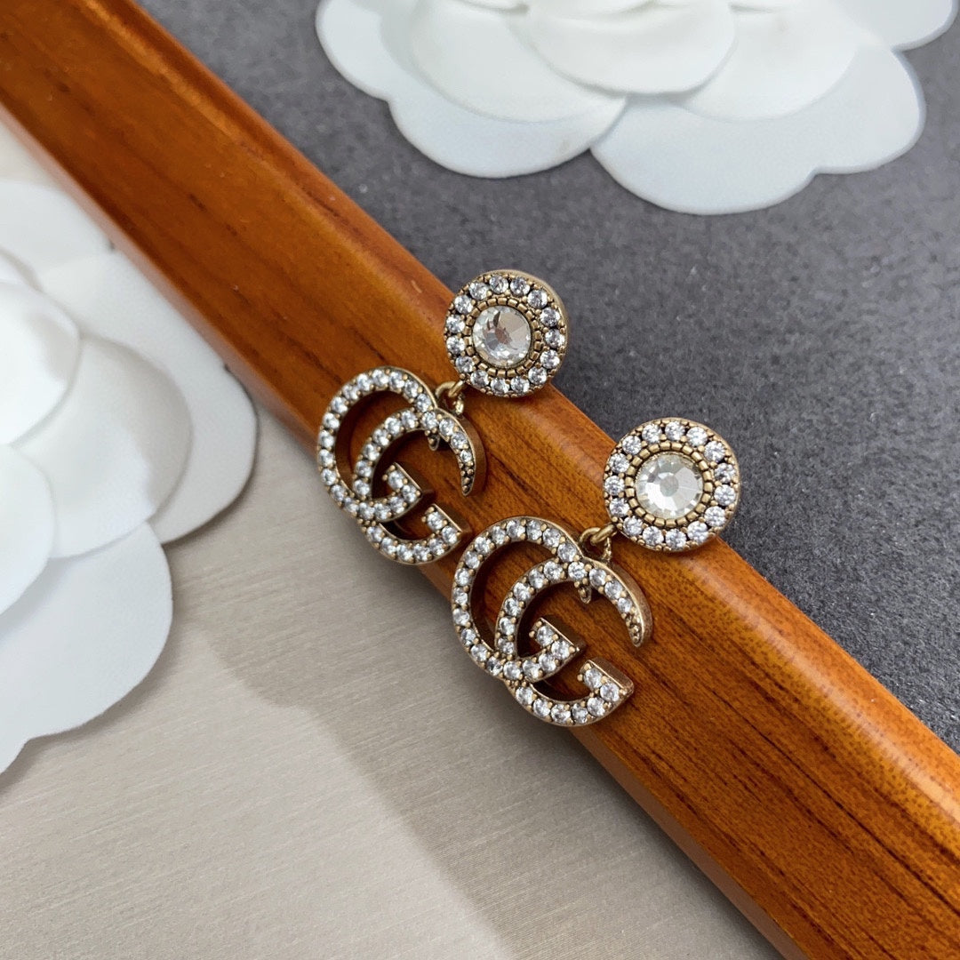 18K Double Gucci Crystal Pendant Earrings