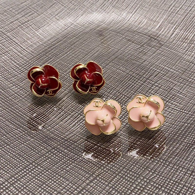 18K  Chanel Red & Pink Camellia Earrings