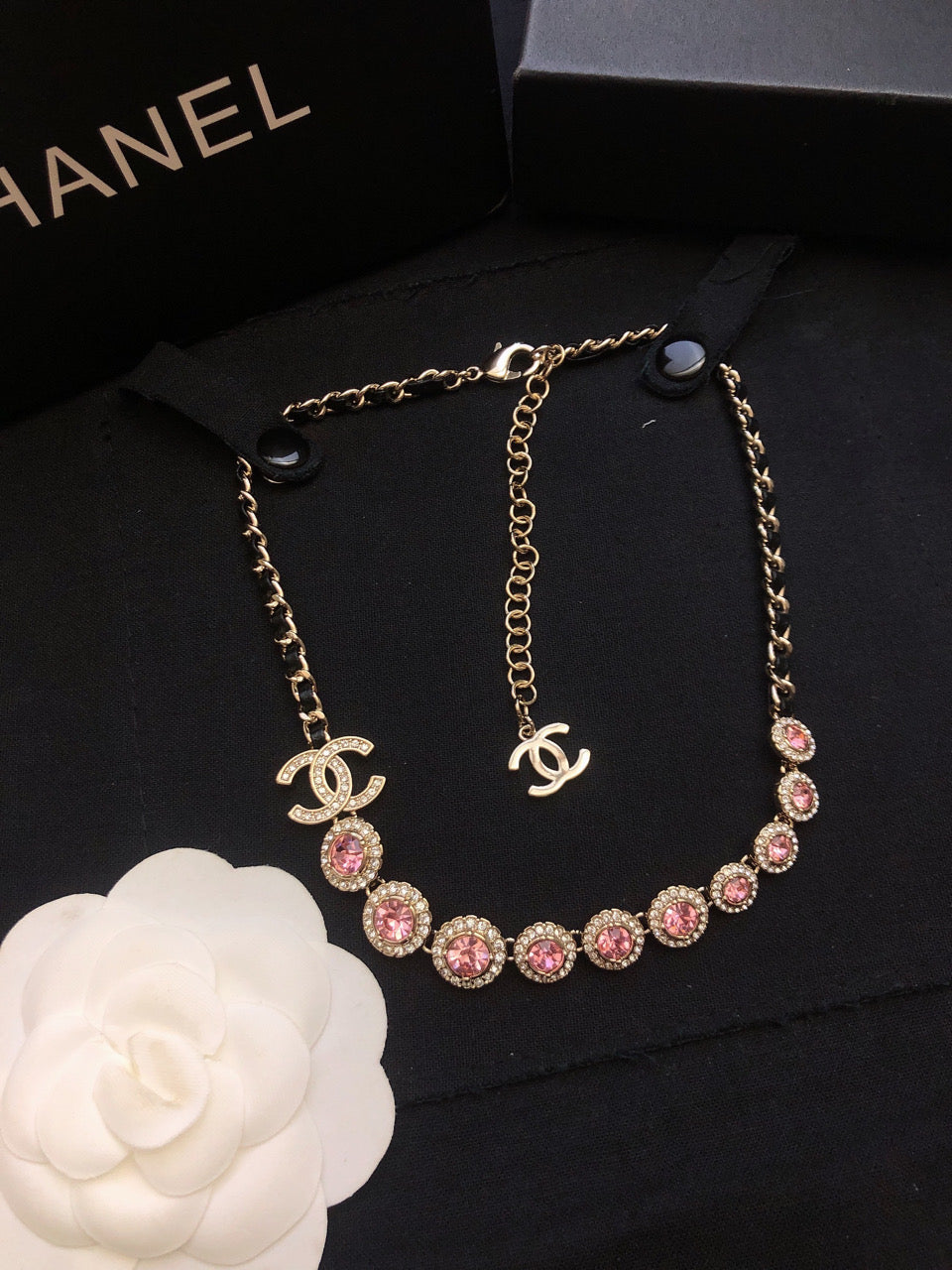 18K  Chanel Pink Crystals Leather Necklace
