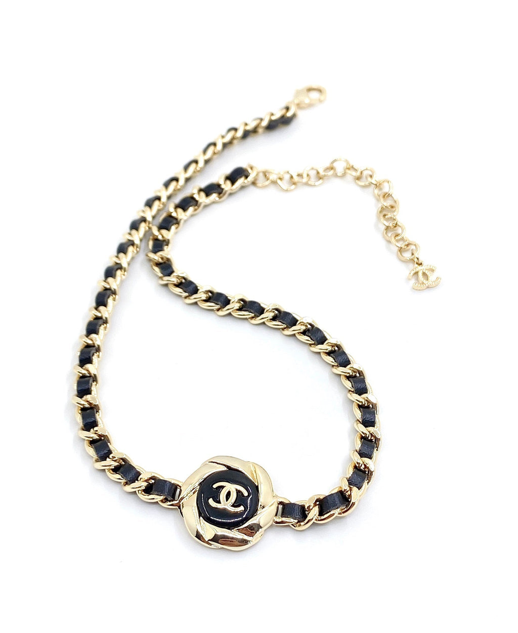 18K  Chanel Rhinestone Leather Choker Necklace