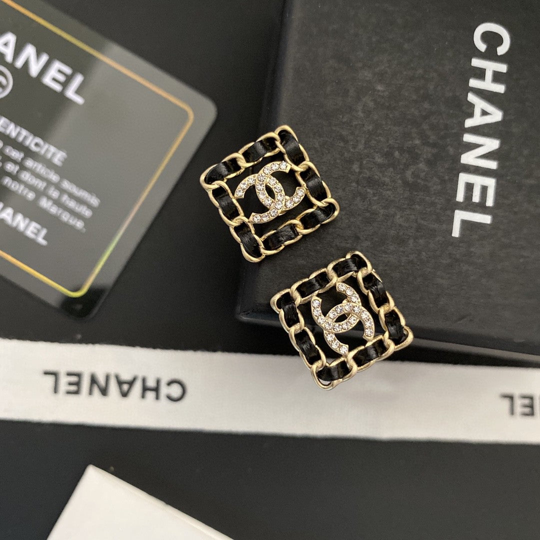 18K  Chanel Square Leather Earrings