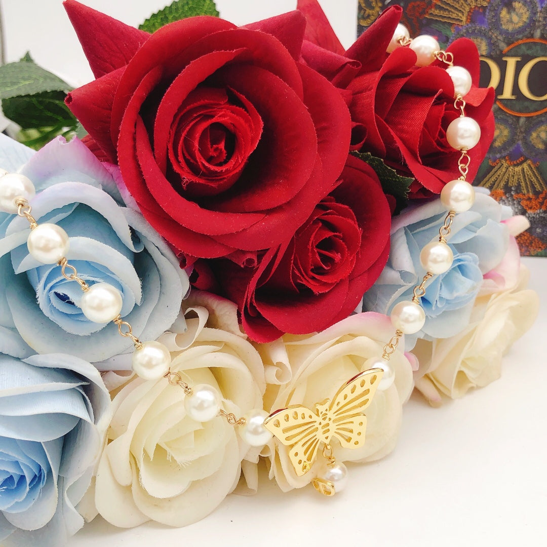 18K Dior Butterfly Pearl Chain Necklace