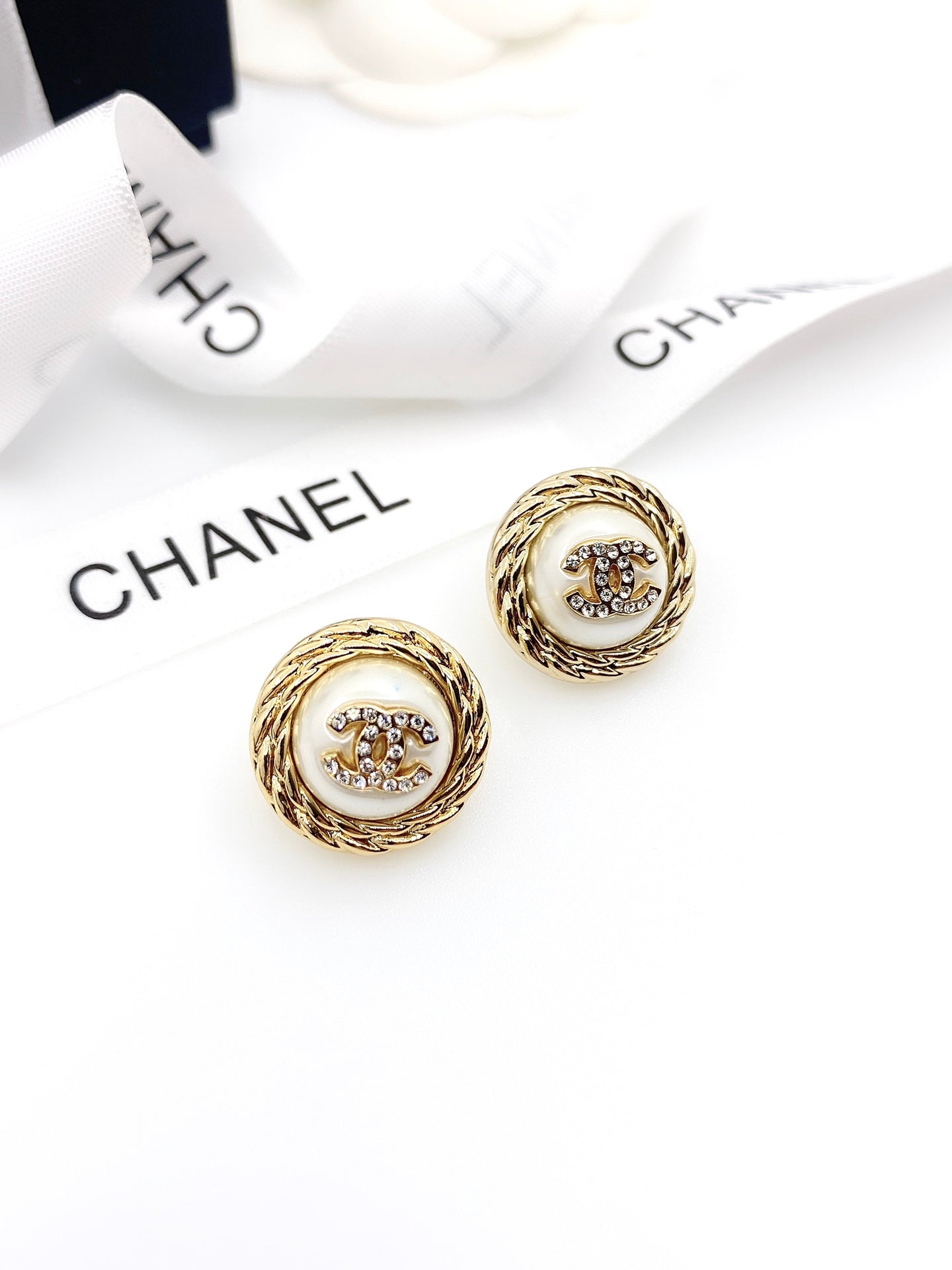 18K  Chanel White Pearl Earrings