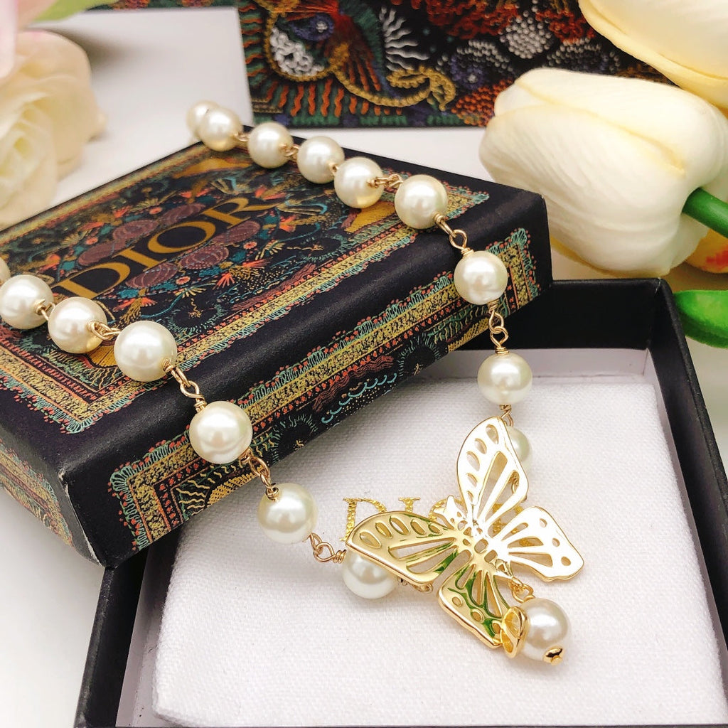 18K Dior Butterfly Pearl Chain Necklace